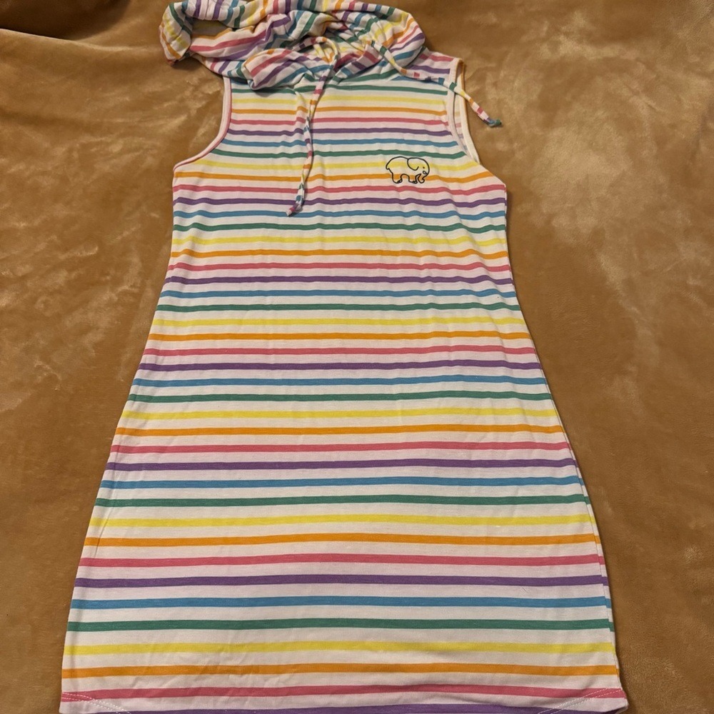 Ivory Ella Rainbow Stripe Sleeveless Hooded Dress Elephant Logo XS